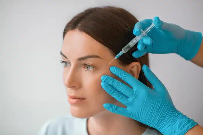 A person with long brown hair is receiving a cosmetic injection near their eye from a professional wearing blue gloves. The person appears calm, with hands gently touching their face during the procedure.
