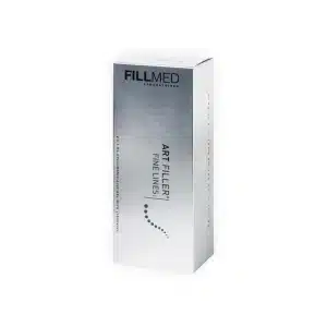 A box of FILLMED® ART FILLER FINE LINES with Lidocaine is shown. The packaging is primarily white and silver with black text, featuring a sleek and modern design.