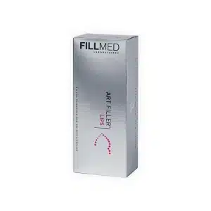 A silver rectangular box labeled "FILLMED® ART FILLER LIPS with Lidocaine" with a pink dot pattern curve on the front. The box is designed for a hyaluronic acid lip filler product.