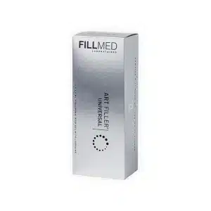 A product box of FILLMED® ART FILLER UNIVERSAL with Lidocaine, showing the text and logo. The box is silver and white, featuring a sleek design with minimalistic labeling. The main text is prominently displayed on the front with additional details on the side.