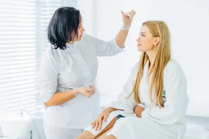 A healthcare professional wearing gloves is examining the face of a seated woman with long blonde hair in a clinical setting. Both are dressed in white lab coats, and the woman appears attentive as she looks at the healthcare professional.