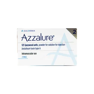 A box labeled "AZZALURE® 2 vials" containing 125 Speywood units of botulinum toxin type A powder for solution, intended for intramuscular injection. The packaging specifies "2 vials" and bears the Galderma logo in the upper left and a large "A" in the background.