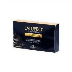 Image of a box of JALUPRO® SUPER HYDRO, a skincare product. The box is dark blue with gold and white text. The product details include "3.2% Sodium Hyaluronate," "High and Low Molecular Weight," and "7 Amino Acids & 3 Peptides.