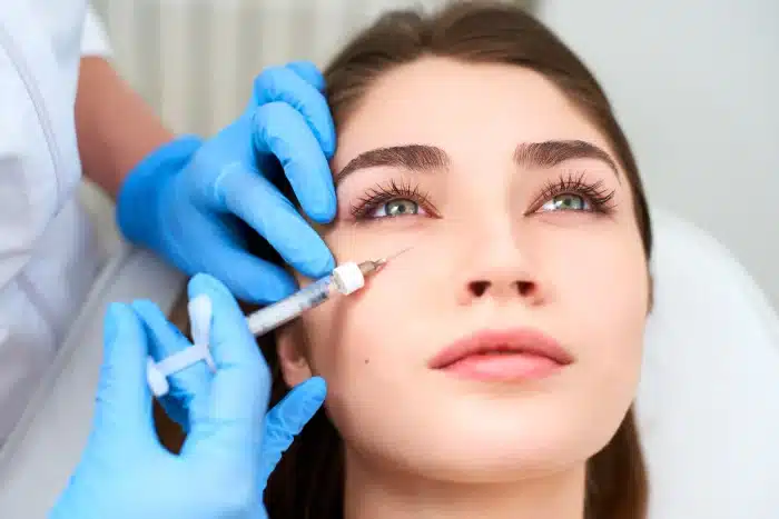 A woman is receiving a cosmetic injection in her face from a medical professional. The person administering the injection is wearing blue gloves and a white coat. The woman looks upwards with a calm expression.