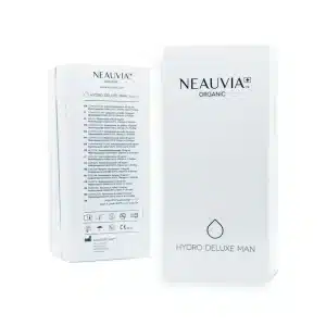 Two white boxes of NEAUVIA™ ORGANIC HYDRO DELUXE MAN appear in the image. The front of the left box displays detailed product information, while the right box shows a minimalistic design with the product name and a water droplet icon.