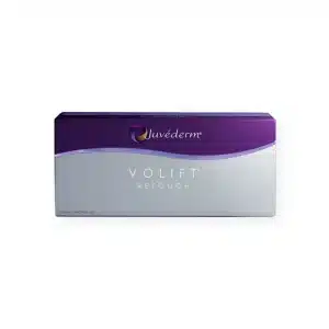 A rectangular box of JUVÉDERM® VOLIFT® RETOUCH with Lidocaine is shown, featuring a predominantly gray background with a purple top section. The product name is centered on the front in sleek, modern font. The overall design is minimalist and professional.
