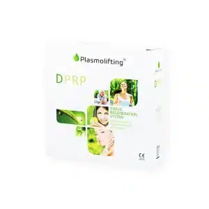 A white box with "PLASMOLIFTING™ PRP GEL" and "DPRP" written on it in green text. There are images of leaves, a couple, and a smiling woman on the left side of the box. "Tissue Regeneration System" is written below "DPRP." The box has a CE mark and some green text on the right side.