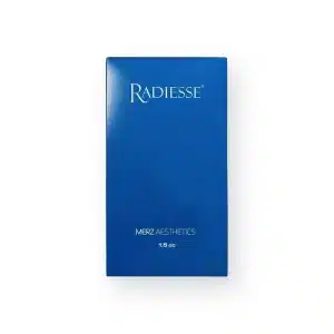 A blue rectangular box with the text "RADIESSE® 1.5ml" in white at the top, followed by "MERZ AESTHETICS" in smaller white text below, and "1.5 cc" in white at the bottom. The background is white, and the box is positioned vertically.