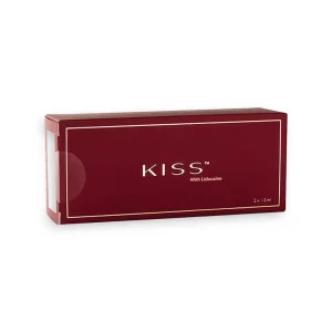 A rectangular, dark red box with white borders and text that reads "REVANESSE® KISS™ with Lidocaine" in the center. The box contains two 1.2ml packages of product and is designed in a minimalistic and elegant style.