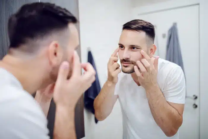 A man with short dark hair and a short beard examines his face closely in a bathroom mirror, touching the skin around his eyes with his fingers. He is wearing a white t-shirt. Towels are visible in the background hanging on a hook and a towel rack.