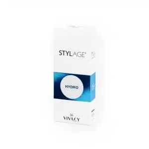 A white rectangular box of STYLAGE® HYDRO BI-SOFT® by Vivacy. The box has a blue band with the word "Hydro" in a white circle at the center. The branding "Stylage" is at the top, "Vivacy" at the bottom, with additional text and logos on the sides.