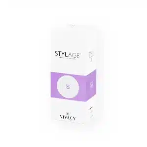 A white and purple box of STYLAGE® S BI-SOFT® by Vivacy, displayed against a white background. The box has a modern design with the brand name, a circled "S," and product details visible on the front.