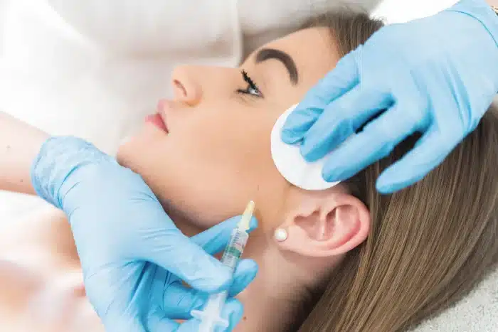 A young woman lying down receives a beauty treatment. A practitioner wearing blue gloves uses a syringe near her jawline while holding a cotton pad against her skin. She has long brown hair and wears pearl earrings. The setting appears clinical and professional.