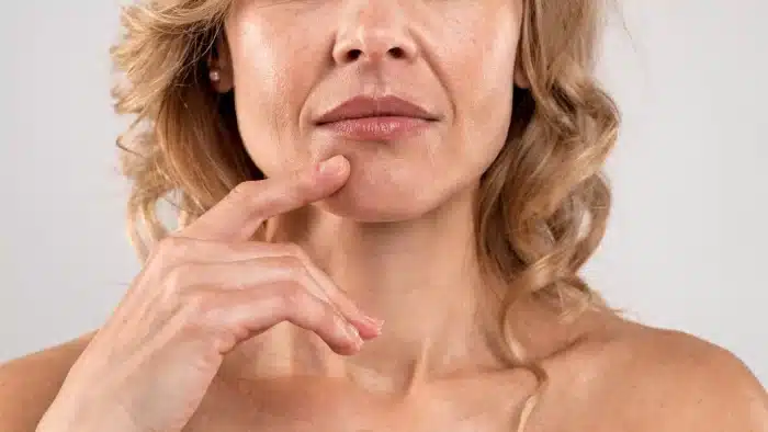 A woman with light-colored wavy hair touches her chin with her fingers. She is staring slightly to the side, wearing no visible clothing or accessories, with a neutral facial expression and light makeup. The background is plain and neutral, echoing a clinical setting where one might discuss Juvederm vs Restylane for nasolabial folds.