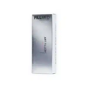 A silver and white rectangular box labeled "FILLMED® ART FILLER LIPS SOFT with Lidocaine" featuring "ART FILLER" and "LIPS" in black and pink text. The packaging also includes "Hyaluronic Acid" and "Lidocaine." The box appears sleek and modern, intended for cosmetic use.