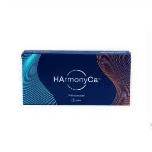 A blue and orange gradient box labeled "HArmonyCA™ with Lidocaine" against a white background. The branding features wave-like patterns in blue and orange colors. The box indicates that it contains 1 x 1.25 mL volume.