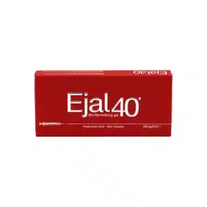 A red rectangular box with white text that reads “EJAL40 Bio-Revitalizing Gel.” Below the main text, it also says "Hyaluronic Acid - Skin booster" and "40mg/2ml." An image of a syringe is displayed on the lower left side of the box.