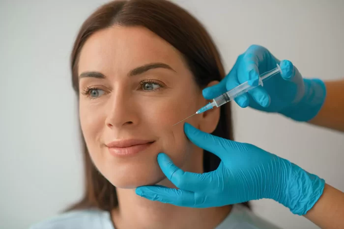 A person with brown hair is smiling while a gloved hand injects a syringe into their cheek. The person administering the injection is wearing blue medical gloves, possibly explaining how often to get Botox. The setting appears to be a clinical or medical environment.