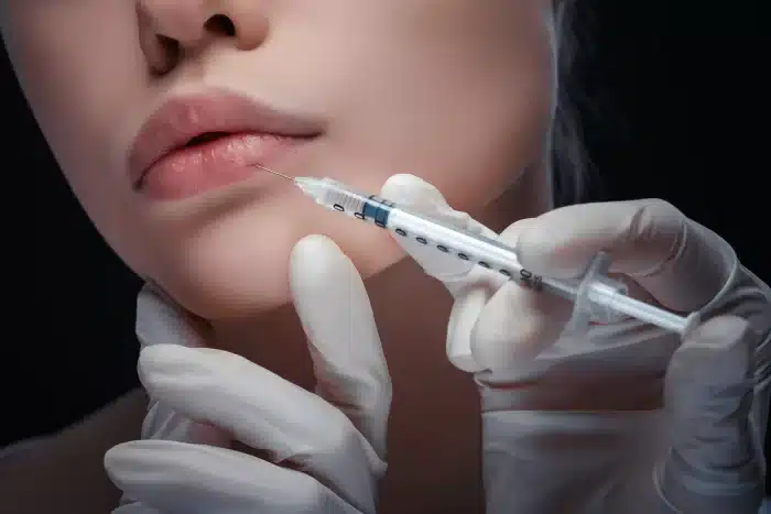 A close-up of a person's lower face receiving Volbella lip fillers. They have full lips and the injection is administered with a syringe by hands wearing white medical gloves. The background is dark, highlighting the procedure.