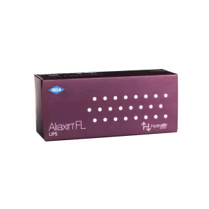 A rectangular, dark purple box with "IBSA" written in a blue diamond shape on the top left corner. The text "ALIAXIN® FL" and the logo "Hydrolift Action" are also on the front. Small white dots are arranged in two rows across the center.