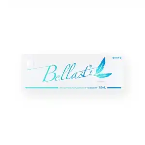 A white box with "BELLAST® L" written in turquoise cursive letters and a feather design next to it. The text below reads "Cross-linked Hyaluronic Acid + Lidocaine" and indicates a volume of "1.0 mL.