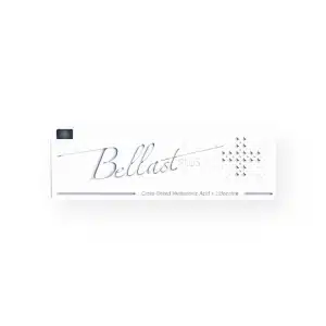 A white rectangular box with the text "BELLAST® PLUS" written in elegant cursive. Below it, smaller text reads "Cross-linked Hyaluronic Acid + Lidocaine." The right side has a pattern of small dots forming an arrow pointing right.