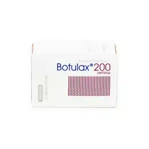 A white box labeled "BOTULAX® 200u (Korean)" with the subtitle "Botulinum Toxin Type A" in smaller text. The design includes a maroon-colored barcode and some Korean text on the lower left corner of the box.