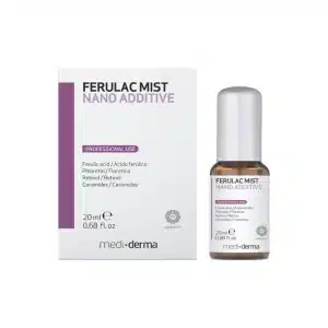 An image of a boxed and unboxed bottle of "FERULAC NANO ADDITIVE MIST" by Medi-Derma. The product packaging mentions key ingredients like ferulic acid, phloretin, retinol, and ceramides. The bottle is 20 ml (0.68 fl oz) in size.