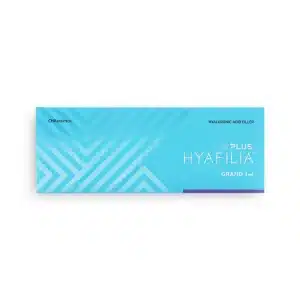 A rectangular blue box labeled "HYAFILIA® GRAND PLUS with Lidocaine 1 ml" with "Hyaluronic Acid Filler" written in the top right corner and "CHAMELEON" in the top left corner. The box features a geometric pattern and a purple stripe at the bottom.