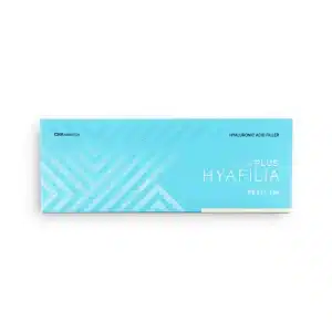 The image shows a rectangular blue box for HYAFILIA® PETIT PLUS with Lidocaine, a hyaluronic acid filler product. The box features the name "HYAFILIA" in large white letters with "Petit 1ml" written below, alongside branding and geometric design elements.