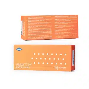 Two orange boxes of ALIAXIN® SR Shape & Restore by IBSA are shown. One box is lying flat with its front side up, displaying the product name and dotted design. The other box stands on its side, showing detailed text and product information.