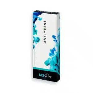 A rectangular, vertically standing box with a white background and blue abstract design on the sides. The text "INTRALINE® M2 PLUS" is printed vertically in black. The bottom of the box has the text "M2 Plus" in white and turquoise.