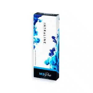 A rectangular white product box with blue abstract designs and the brand name "INTRALINE" vertically centered. Near the bottom, "INTRALINE® M3 PLUS" is written in blue and white text against a black background.
