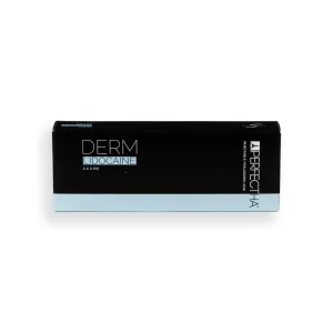 A black and light blue rectangular box labeled "PERFECTHA® DERM Lidocaine" containing 1 x 1 mL. The packaging also includes the brand name "AperfectHA" on the right. The design is minimalist, with the light blue strip at the bottom of the box.