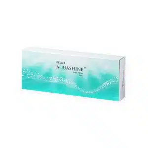 The image shows a rectangular box of REVOFIL AQUASHINE BR SOFT FILLER - 2 Pre-Filled Syringes, containing 2mL of product. The box features a white and light blue design with wave patterns and small dots, giving an impression of freshness and hydration.