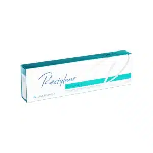 A white rectangular box of RESTYLANE® EYELIGHT™ injectable gel with Lidocaine. The box has teal accents and text. The brand name "Restylane" is prominently displayed, along with the product name "Eyelight." The manufacturer's name, Galderma, appears on the box.