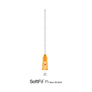 An orange-handled SOFTFIL® PRECISION Micro-Cannula 25G/50mm labeled "25G 50mm" is shown vertically against a white background, with the SoftFil Precision logo at the bottom of the image.