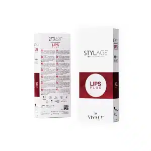 The image shows two white boxes of STYLAGE® LIPS PLUS BI-SOFT® by VIVACY with red accents. The front of one box displays branding, a circular red “LIPS PLUS” label, and information, while the other box shows detailed product instructions and information in multiple languages.