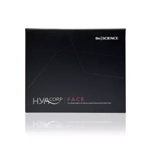 A black rectangular box with white and purple text that reads "HYACORP FACE®" by BioScience. The text also says, "For Restoration of Volume and Contouring of the Face." The package design includes thin, abstract lines.