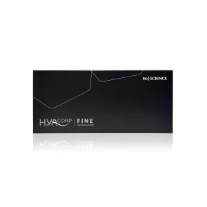 A black rectangular box with white text that reads "HYACORP FINE®" with smaller text "Skin Rejuvenation." The top right corner has the brand "Bio|SCIENCE." The design features a simple, sleek line pattern on the left side of the box.