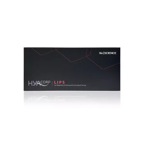 A black rectangular product box with white and pink text reads "HYACORP LIPS®" in large font, followed by "For Restoration of Volume and Contouring of the Lips" in smaller text. A logo in the top right corner says "Bio | Science".