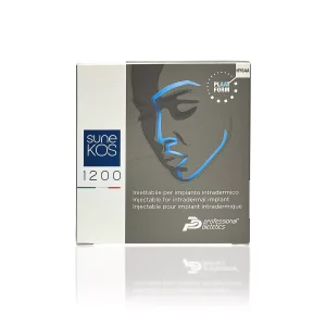 A product box labeled "SUNEKOS® 1200" from Professional Dietetics. The packaging features an abstract illustration of a person's face in blue lines. Text on the box indicates the product is injectable for intradermal implant.