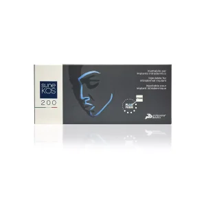 A product box for SUNEKOS® 200, displaying a stylized image of a face on a dark background. Text on the box indicates it is for injectable implants. Branding includes "Profound Pharma" and "KOS" logos. The box has a white strip on the left side.