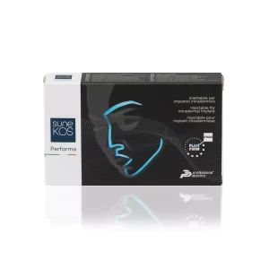 Box of SUNEKOS® PERFORMA featuring a stylized illustration of a face on a black background. Text describes the product as "injectable for intradermal implant" in multiple languages. The brand logo and product name are positioned on the left side.
