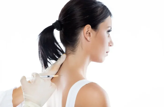 A woman with dark hair tied back is receiving an injection in her upper back near the neck. The medical professional administering the shot is wearing white gloves. The background is white and minimalistic.