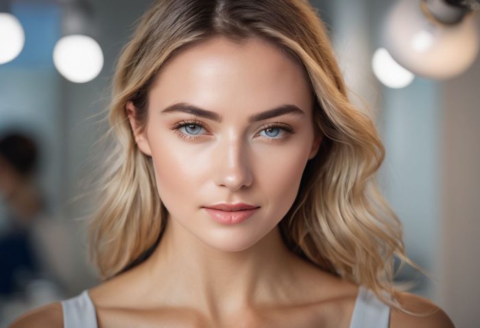 A young woman with blonde, wavy hair is looking directly at the camera. She has a serene expression, defined eyebrows, and flawless, glowing skin enhanced by Belotero filler under her eyes. The background is blurred with soft lighting, emphasizing her face.