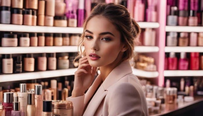 A woman with styled hair and makeup poses in a beauty aisle filled with various skincare and makeup products. Wearing a beige blazer, she rests her hand on her chin, surrounded by shelves of cosmetics, subtly highlighting the enhanced fullness achieved through belotero lip injections.