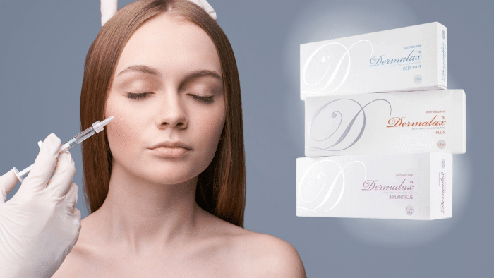 A woman with her eyes closed is having a cosmetic injection in her cheek administered by a gloved hand. Next to her are three stacked boxes of different Dermalax products on a gray background, highlighting the competitive dermalax filler price.