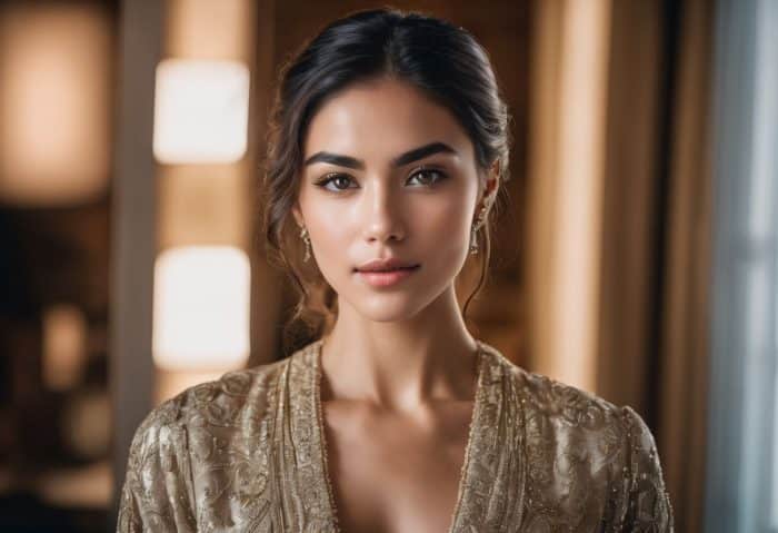 A woman with long, dark hair styled in an updo, wears a gold, intricately patterned top. Her expression is calm and rejuvenated as if enhanced by Belotero under eyes. She stands in front of a softly lit background with warm tones and accessorizes with delicate earrings.