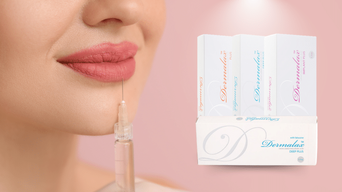 Close-up of a woman's lips receiving a dermal filler injection. In the background, three boxes of "Dermalax" products are displayed, labeled Deep Plus, Implant Plus, and Hyaluronic, highlighting the impressive Dermalax filler before and after results.